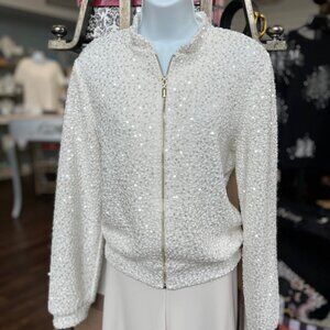 254206 Winter White Sequin Jacket front Zipper by FRANK LYMAN